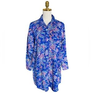 Ralph Lauren Women’s Blue Floral Cotton Jersey Button Down Sleep Shirt Medium